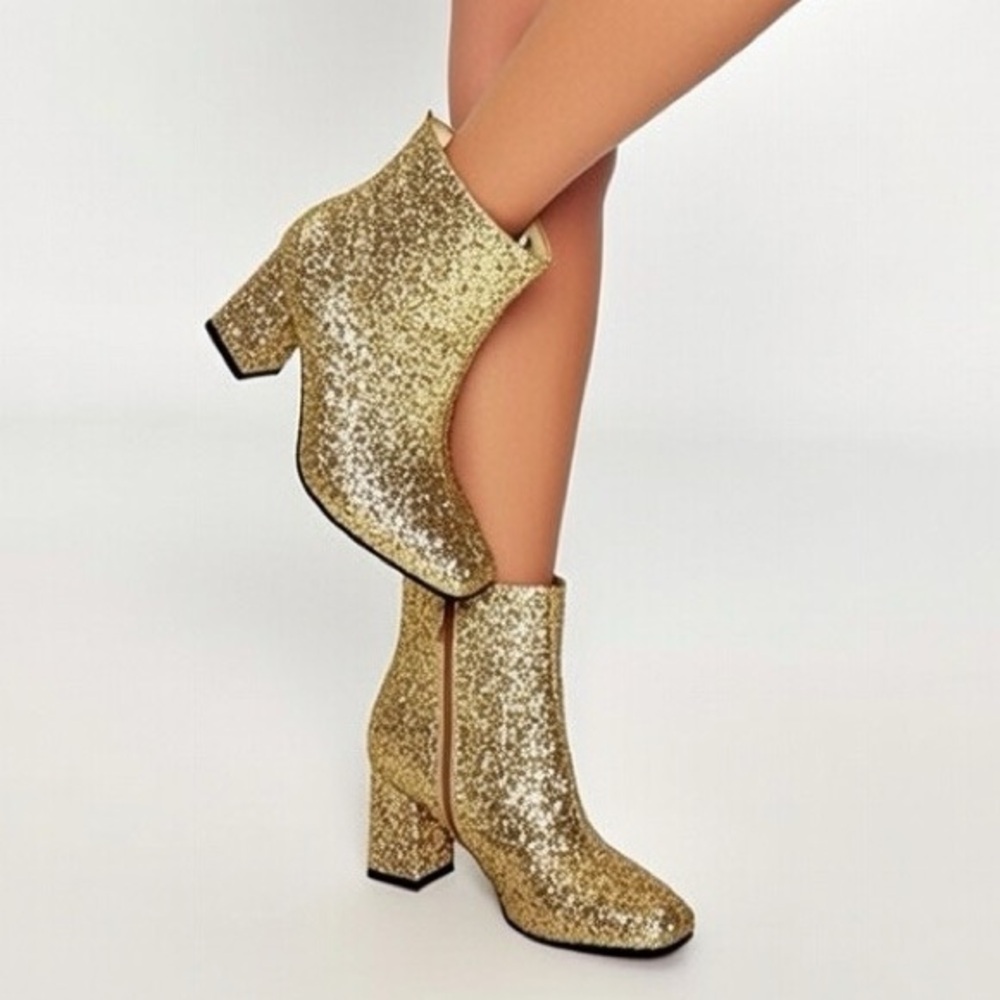 Gold Glitter Heel Ankle Boots, Size 10